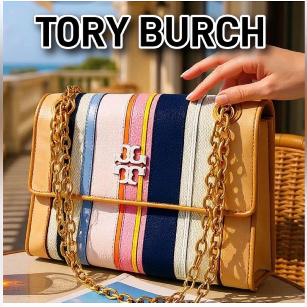 Tory Burch Fleming Balloon Stripe Web Chain‎ Shoulder Bag NEW